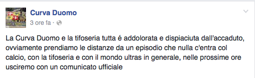 Il messaggio diffuso su Facebook dalla Curva Duomo 
