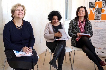 Alessandra Sfrappini direttrice Macerata Musei, Antonella Nonnis presidente Fabbrica Cultura e l'assessore Monteverde