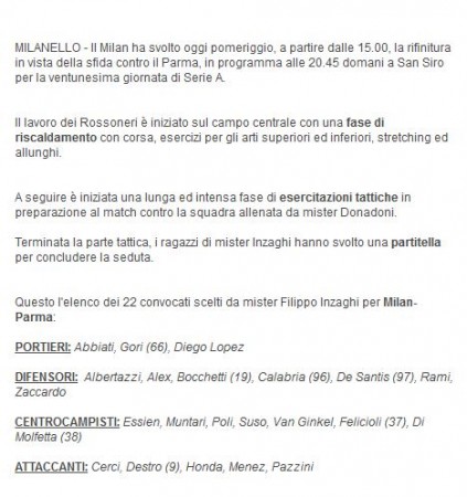 Il comunicato sul sito del Milan con i convocati per la partita con il Parma di domani