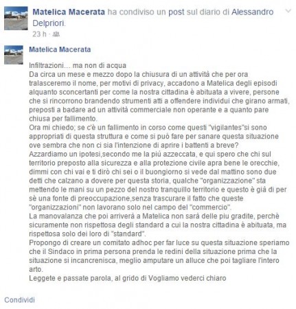 Il post apparso sulla bacheca del sindaco Delpriori e del consigliere De Leo