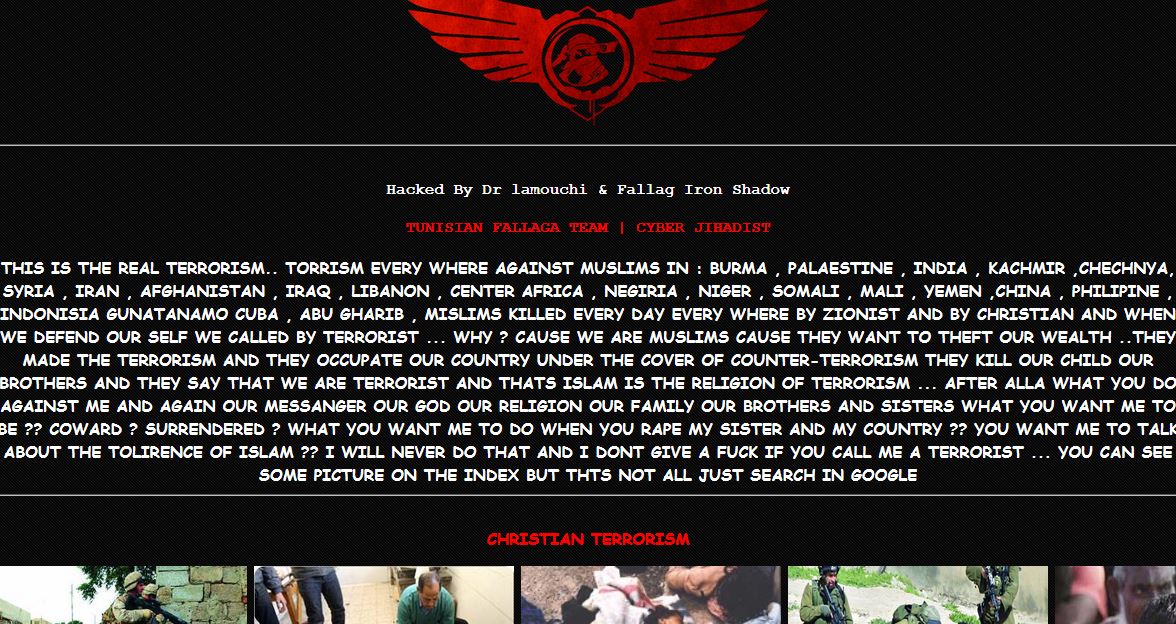 La home page come appare durante l'attacco del Tunisian fallaga team