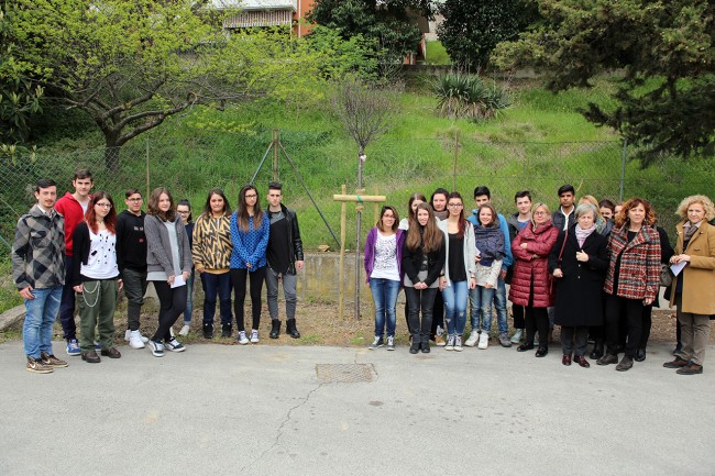 I rappresentanti degli studenti e i dirigenti scolastici, al centro l'albero in memoria di Teresa Salvi
