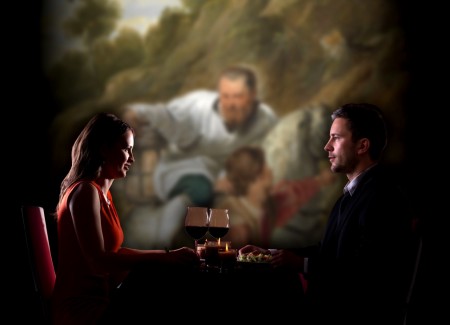 L'allestimento della cena di fronte al capolavoro di Rubens