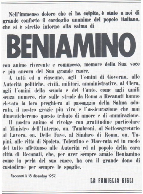 Manifesto della famiglia Gigli in ringraziamento degli onori resi al loro caro congiunto