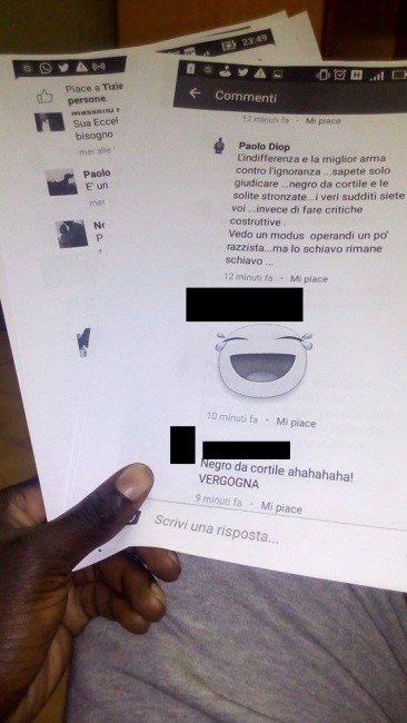 La conversazione stampata da Paolo Diop e portata ai carabinieri di Macerata