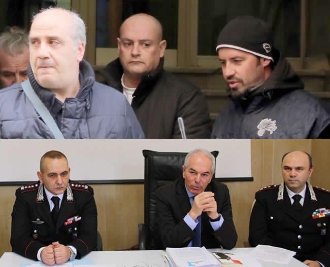 Sopra, al centro, Alex Lomabrdi il giorno dell'arresto. Sotto, da sinistra, il colonnello Stefano Di Iulio (comandante provinciale dei carabinieri), il procuratore Giovanni Giorgio, il colonnello Leonardo Bertini (ex comandante del Reparto operativo di Macerata)