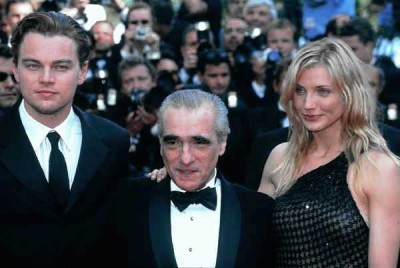 Leo Di Caprio con Martin Scorsese e Cameron Diaz in Gangs of New York