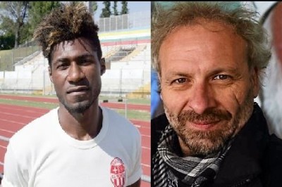 L'attaccante ivoriano della Maceratese Daniel Kouko ed Emanuele Tacconi