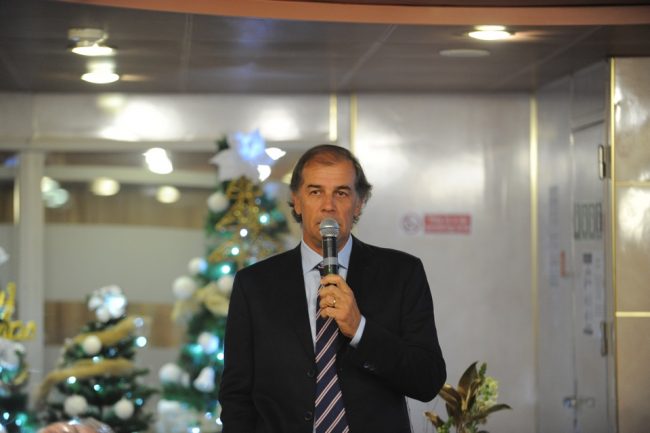 Un momento dell'intervento di Rossi, al Christmas party sul Francesca